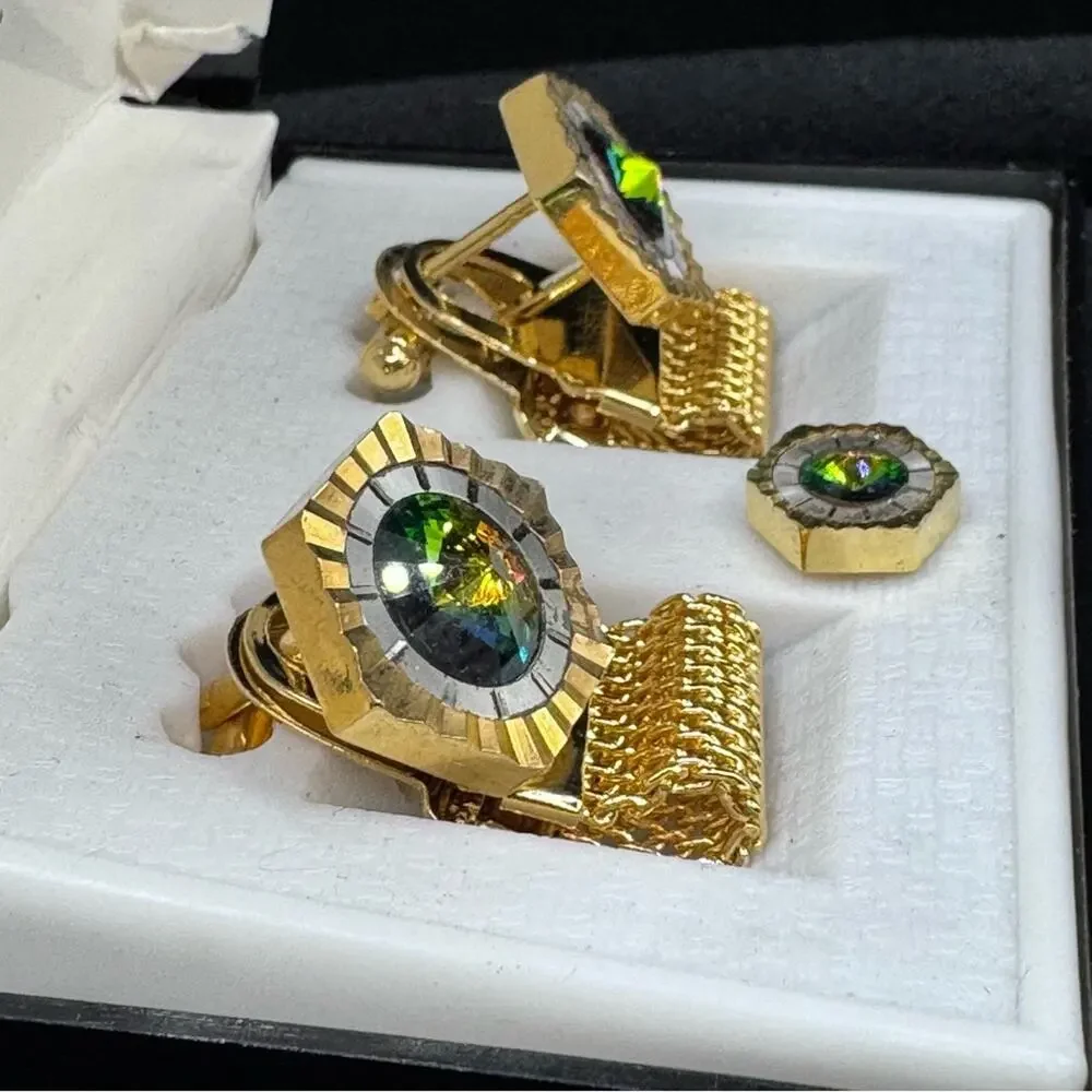 Vintage Millionaire Gold Tone Cufflinks and Tie Tack Set Aurora Borealis